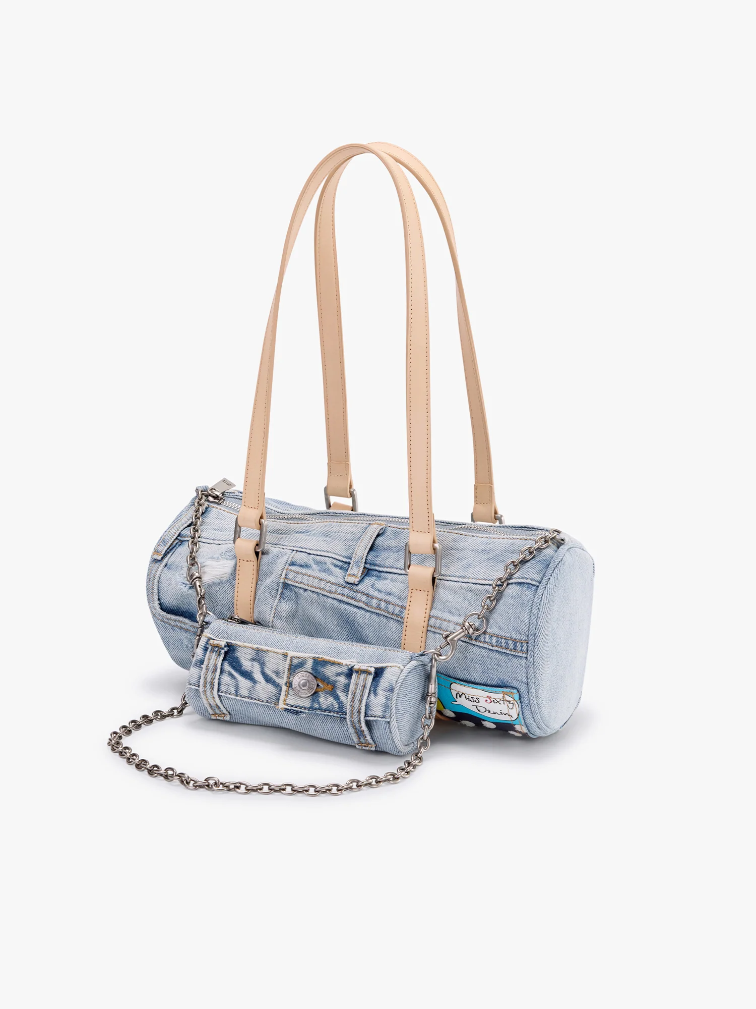 Denim Barrel Bag with Mini Pouch - Image 3