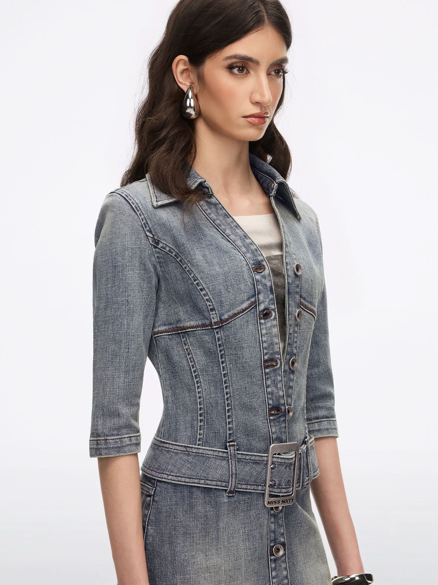 Denim Dress With Belt - Image 3