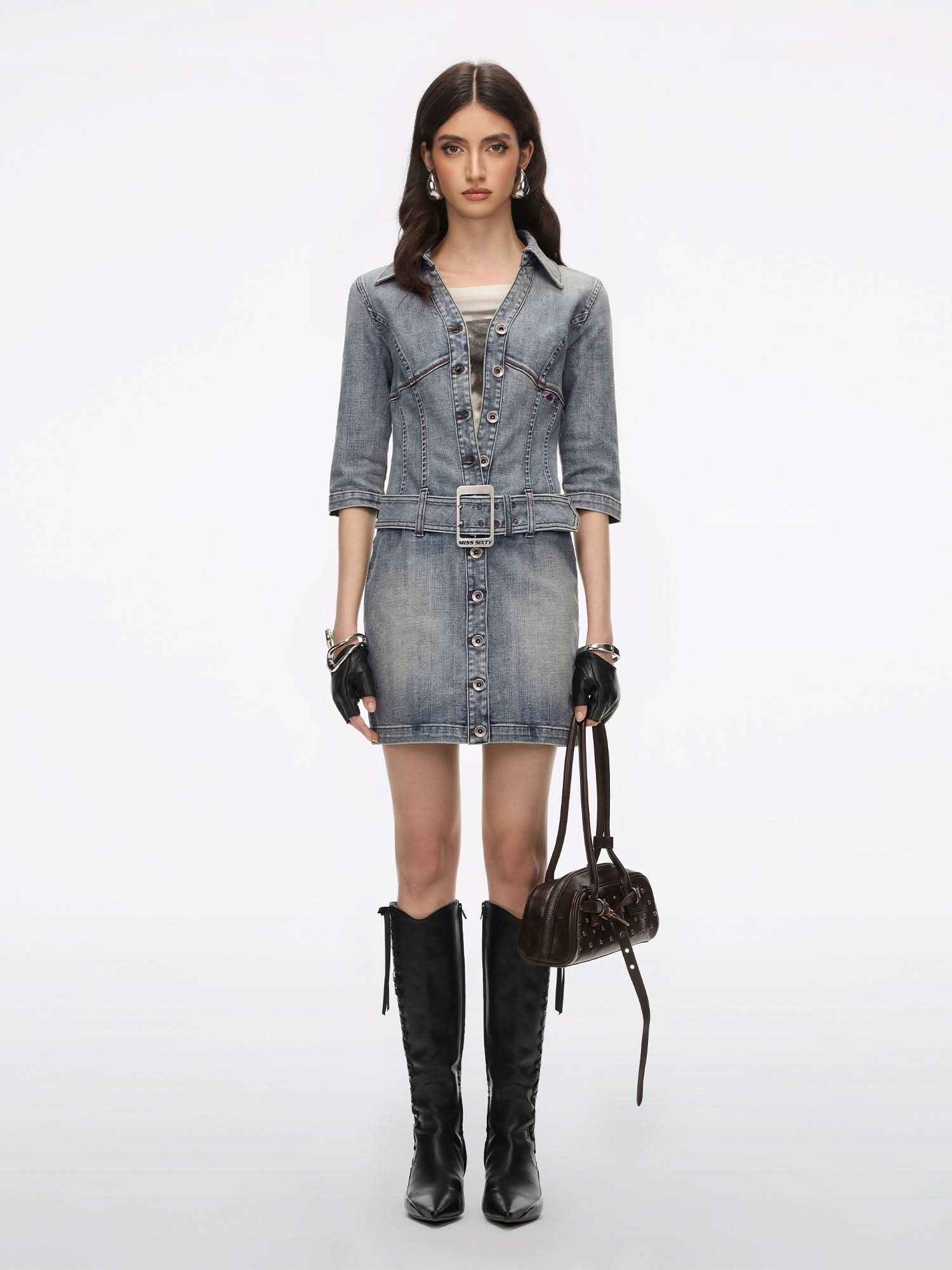 Denim Dress With Belt - Image 4