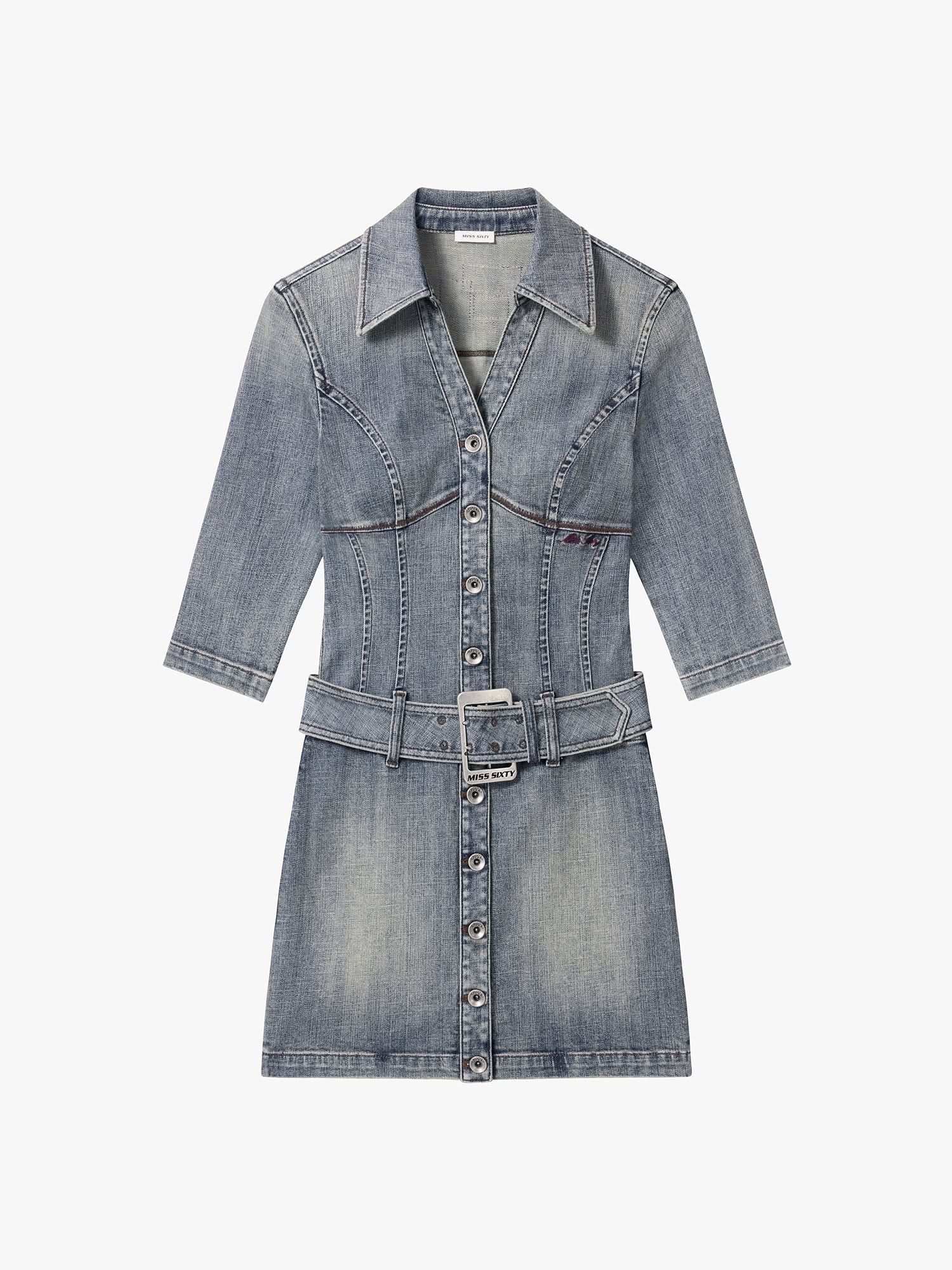 Denim Dress With Belt - Image 5