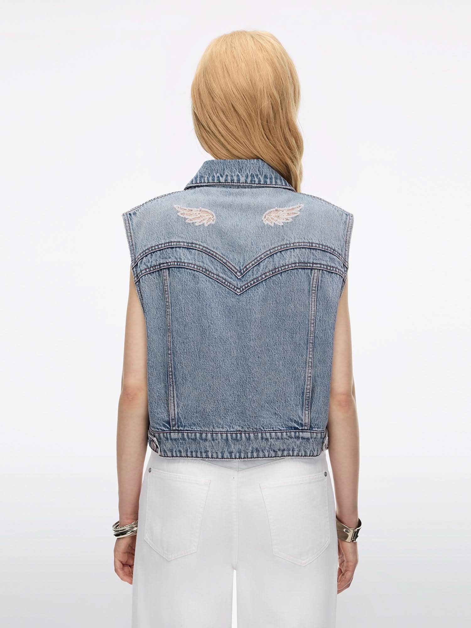 Distressed Wing-Detail Denim Vest - Image 2