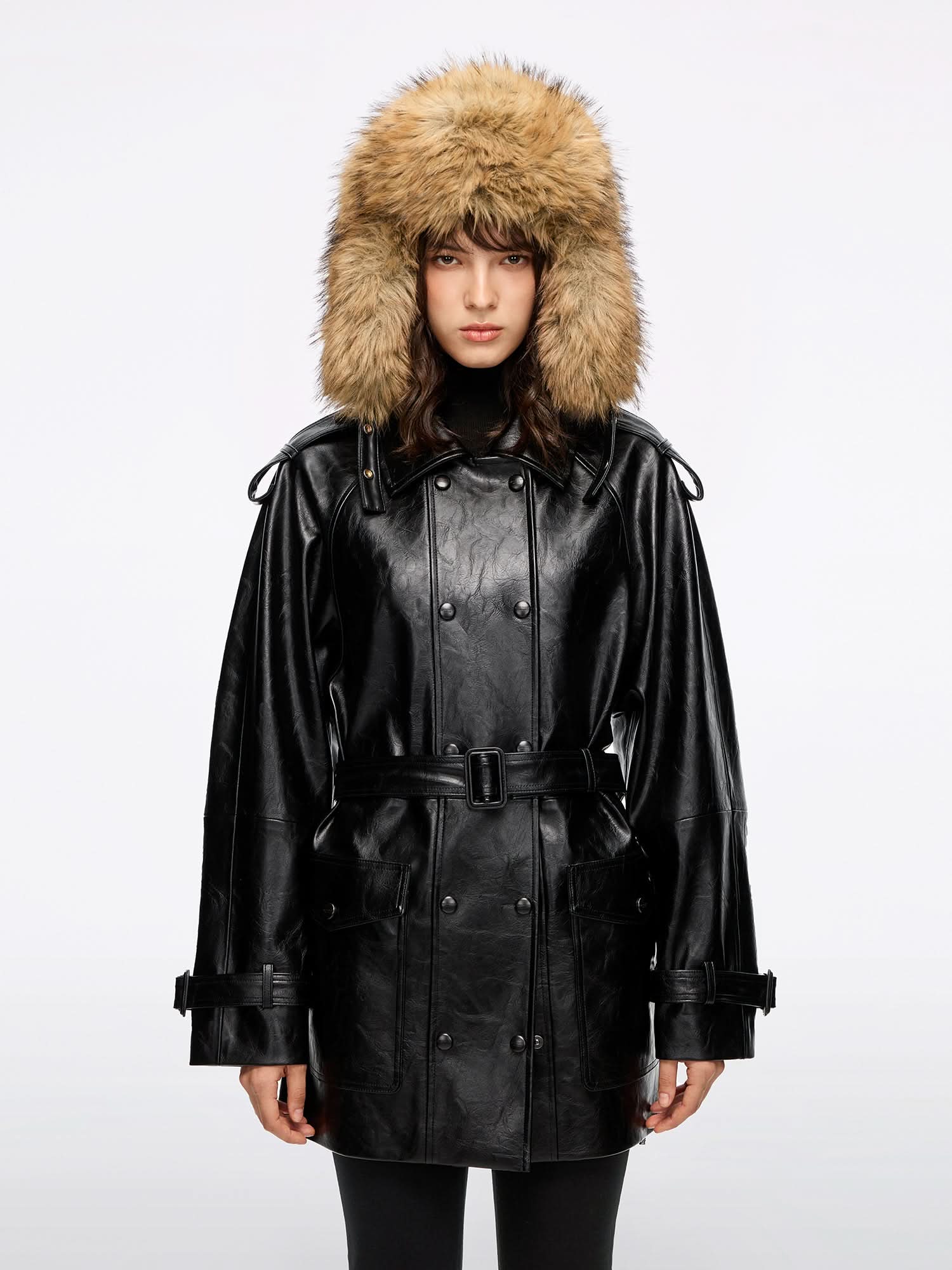 Faux Leather Jacket With Belt - Image 2