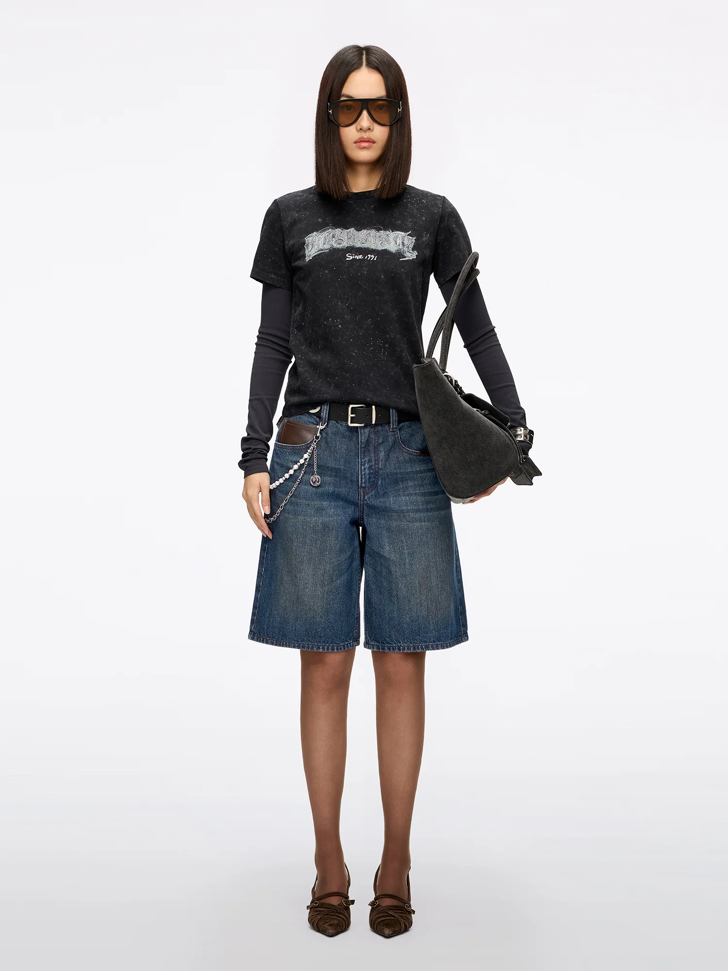 Leather-Panel Denim Bermuda Shorts - Image 2