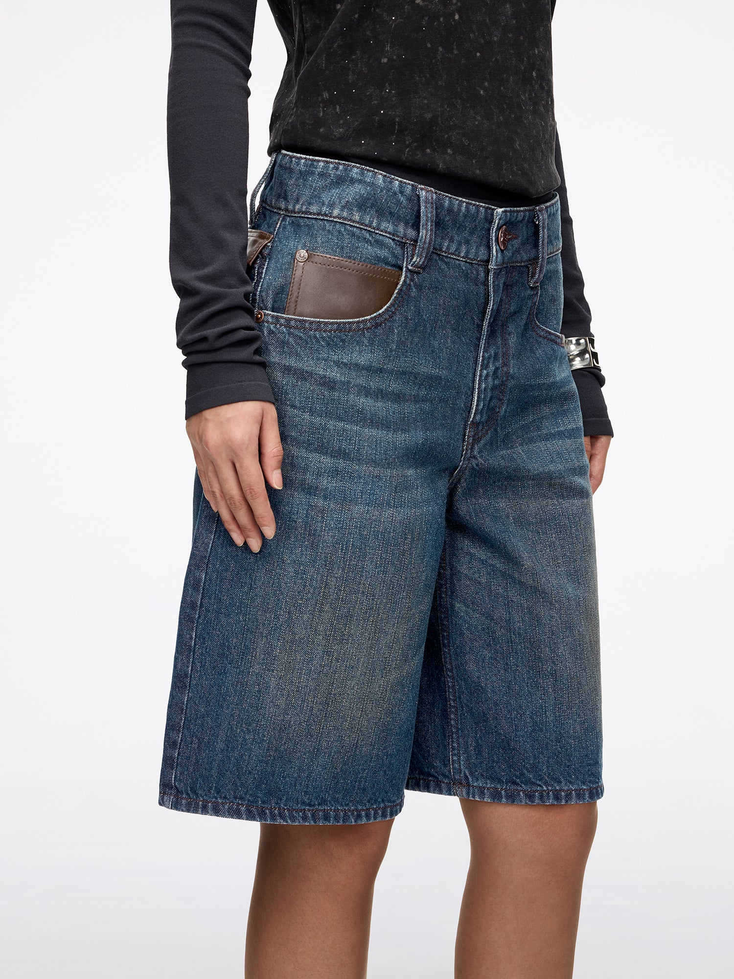 Leather-Panel Denim Bermuda Shorts - Image 4