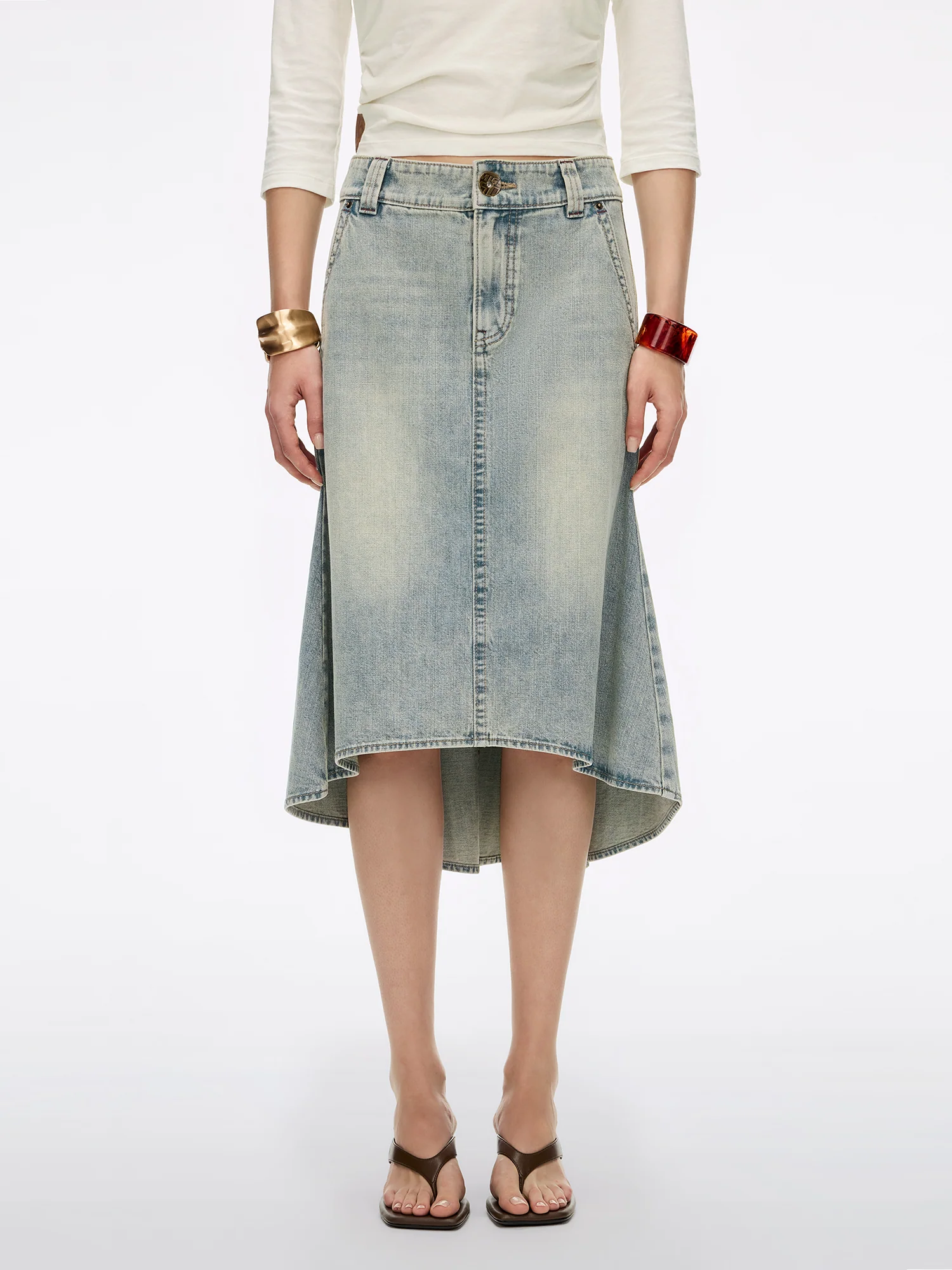 Multi-Patch Denim Midi Skirt