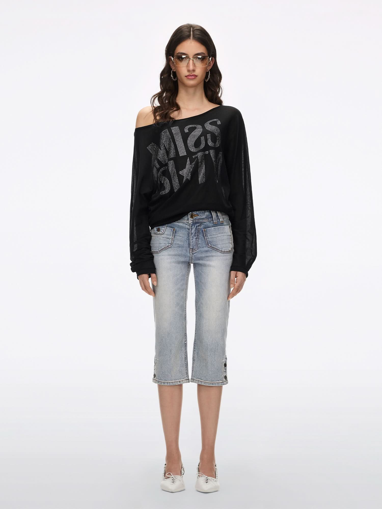 Off-Shoulder Rhinestone T-Shirt - Image 10