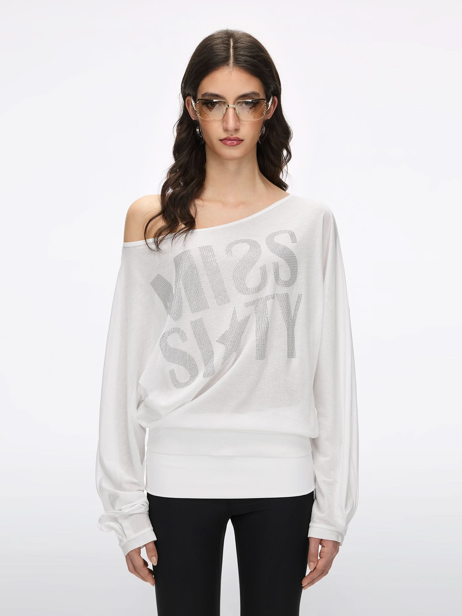 Off-Shoulder Rhinestone T-Shirt - Image 2