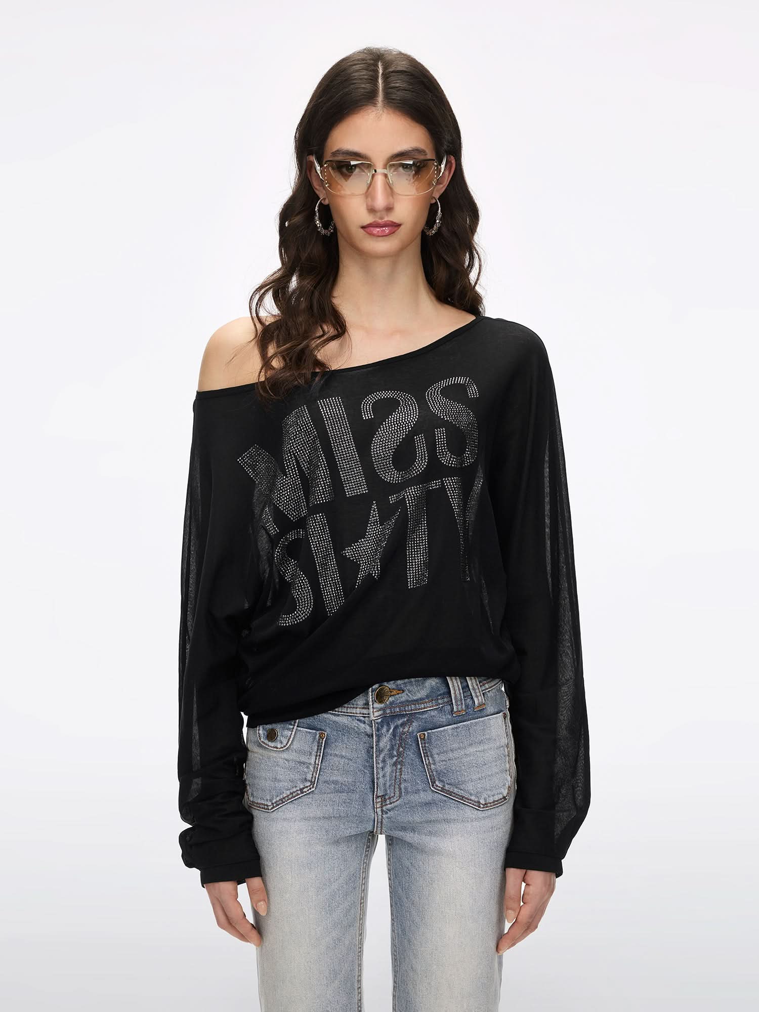 Off-Shoulder Rhinestone T-Shirt - Image 7