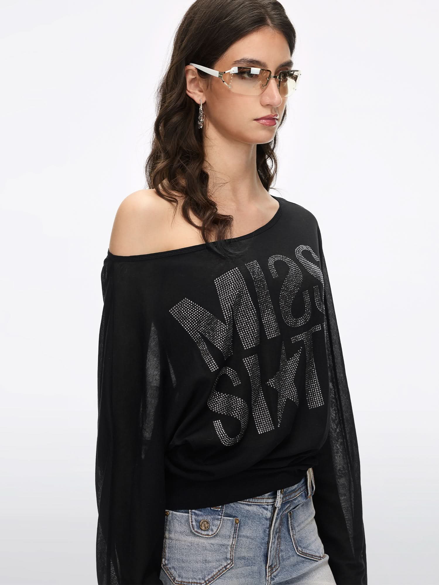 Off-Shoulder Rhinestone T-Shirt - Image 9
