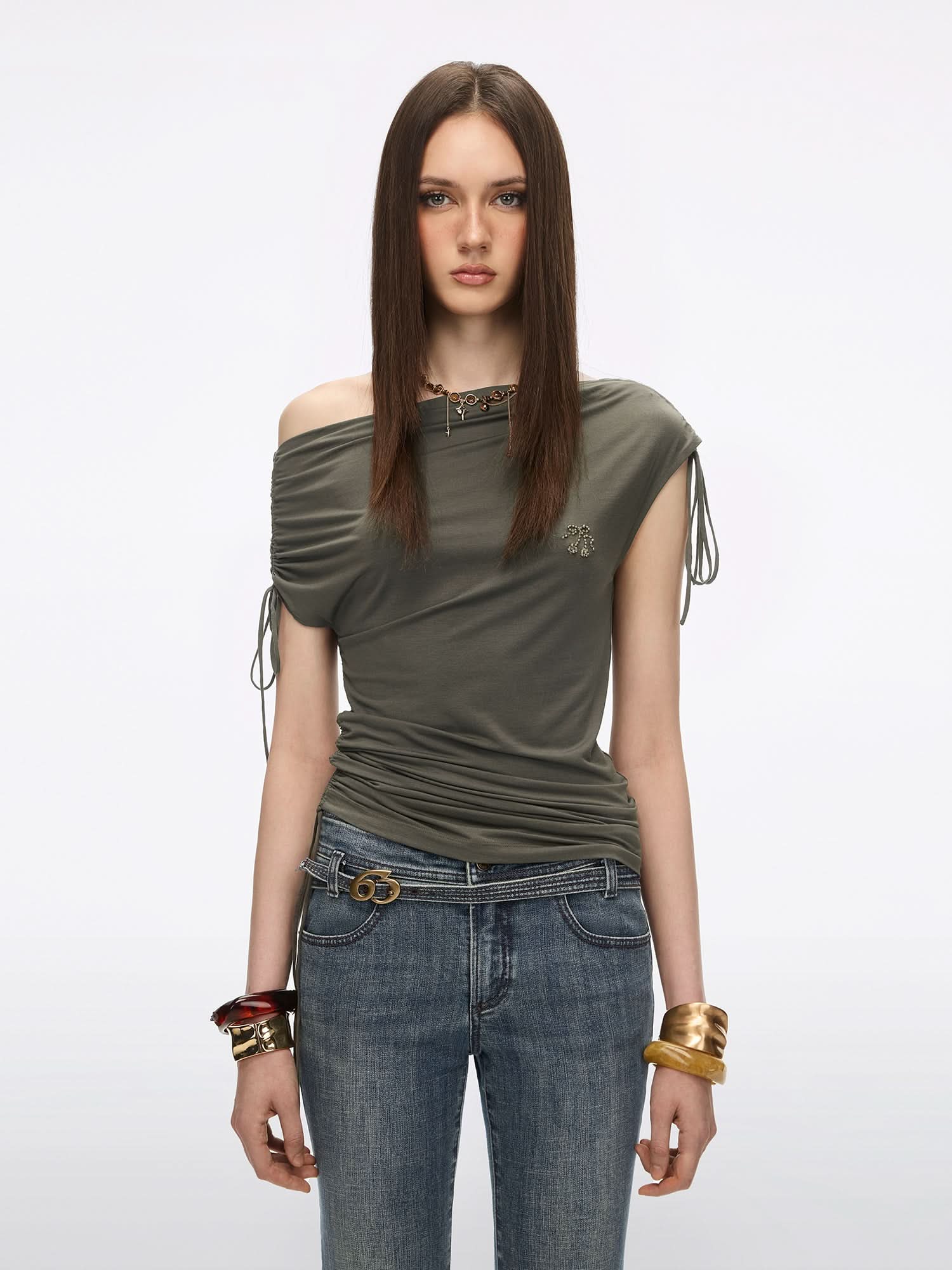 Asymmetric Shoulder Drawstring T-Shirt