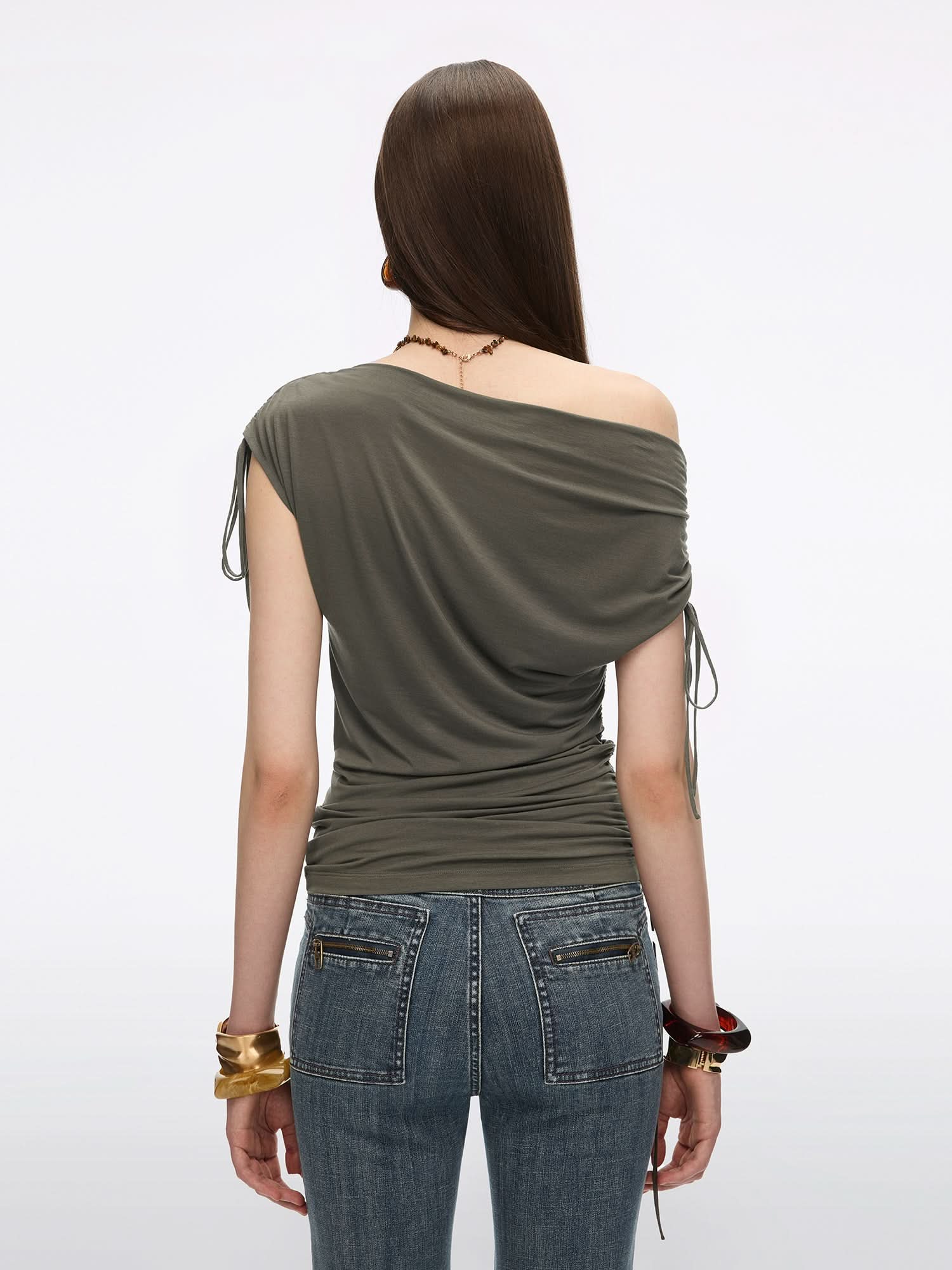 Asymmetric Shoulder Drawstring T-Shirt - Image 2