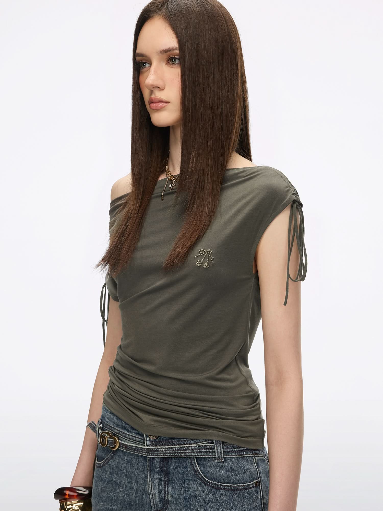 Asymmetric Shoulder Drawstring T-Shirt - Image 3