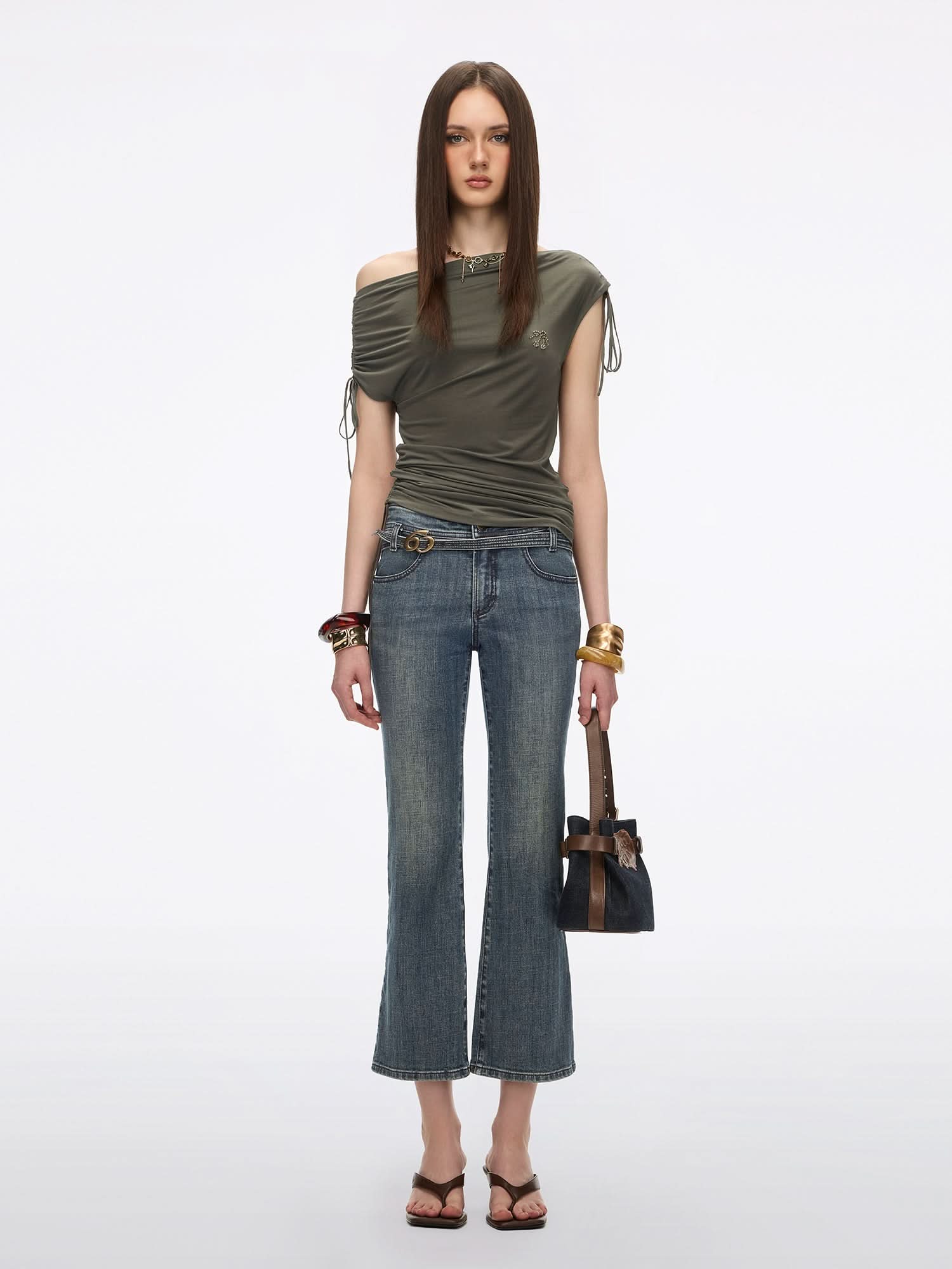 Asymmetric Shoulder Drawstring T-Shirt - Image 4