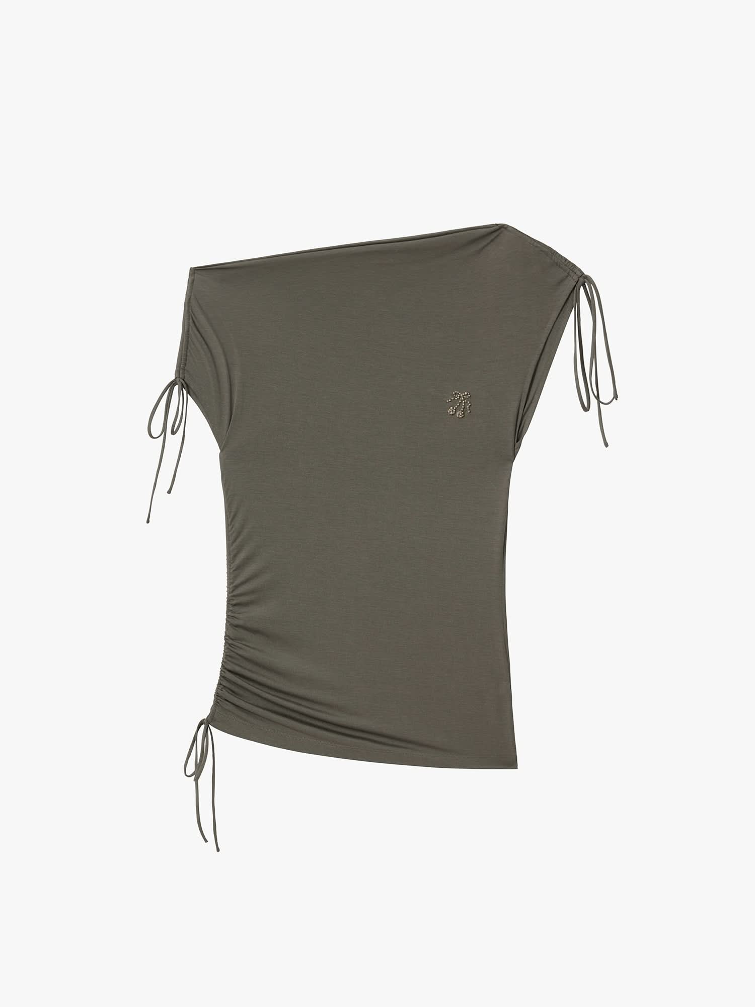 Asymmetric Shoulder Drawstring T-Shirt - Image 5