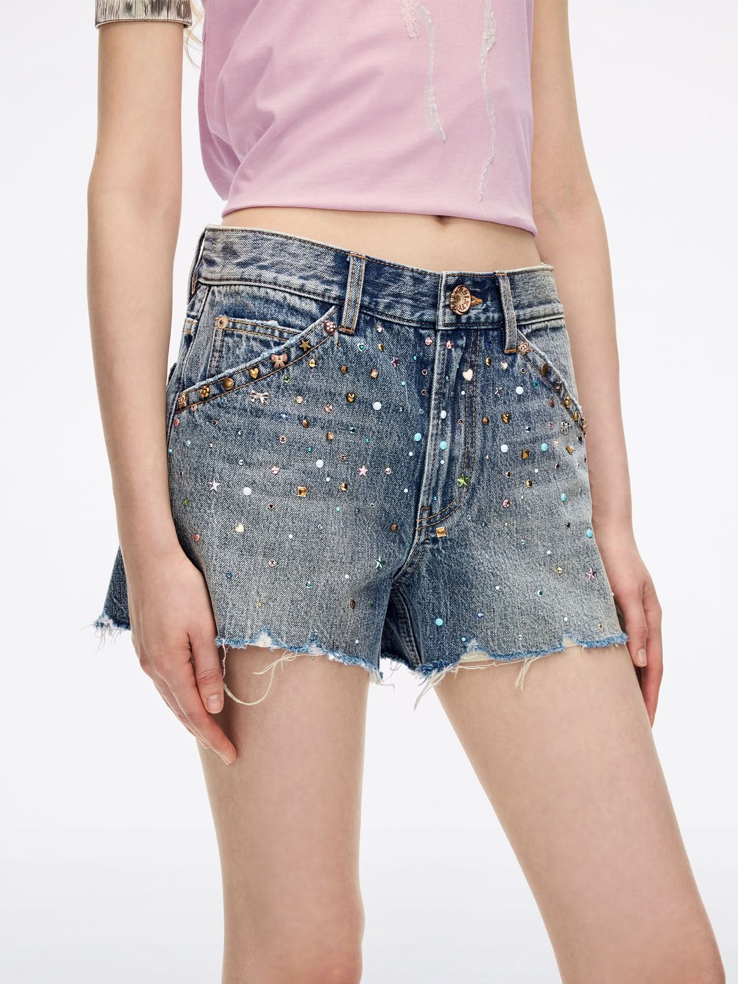 Rhinestone-Embellished Denim Shorts - Image 4
