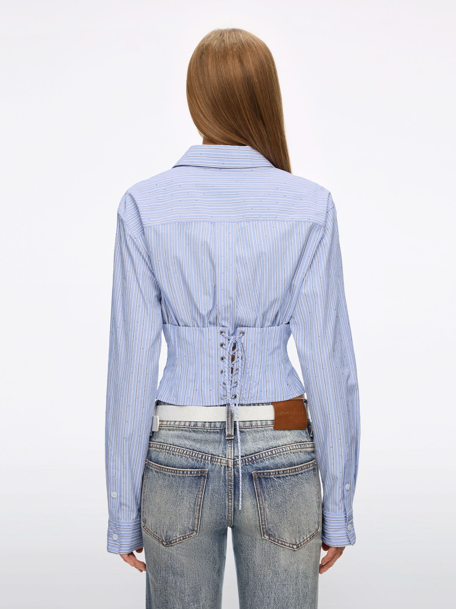 Rhinestone Lace-Up Striped Shirt - Image 2
