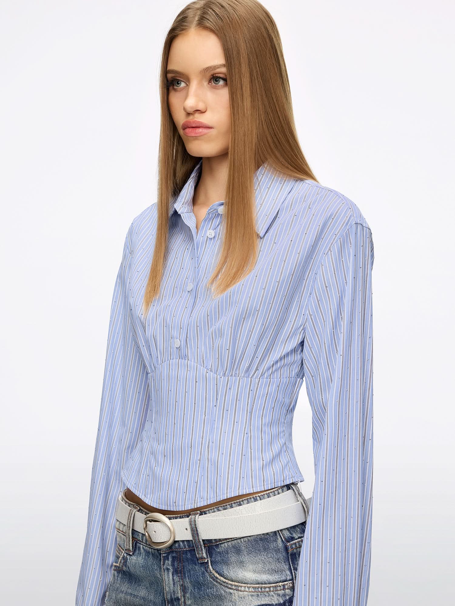 Rhinestone Lace-Up Striped Shirt - Image 3