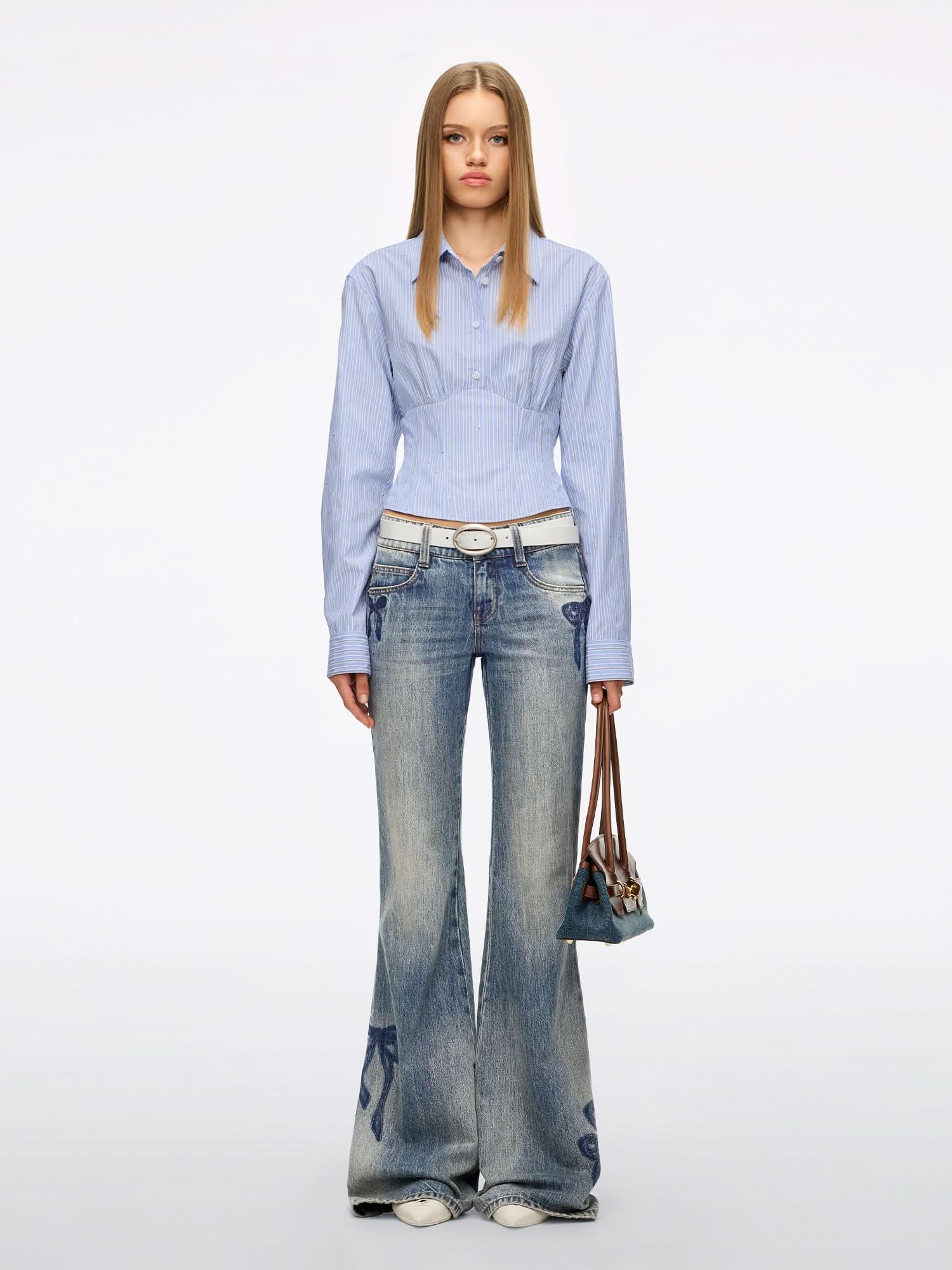 Rhinestone Lace-Up Striped Shirt - Image 4