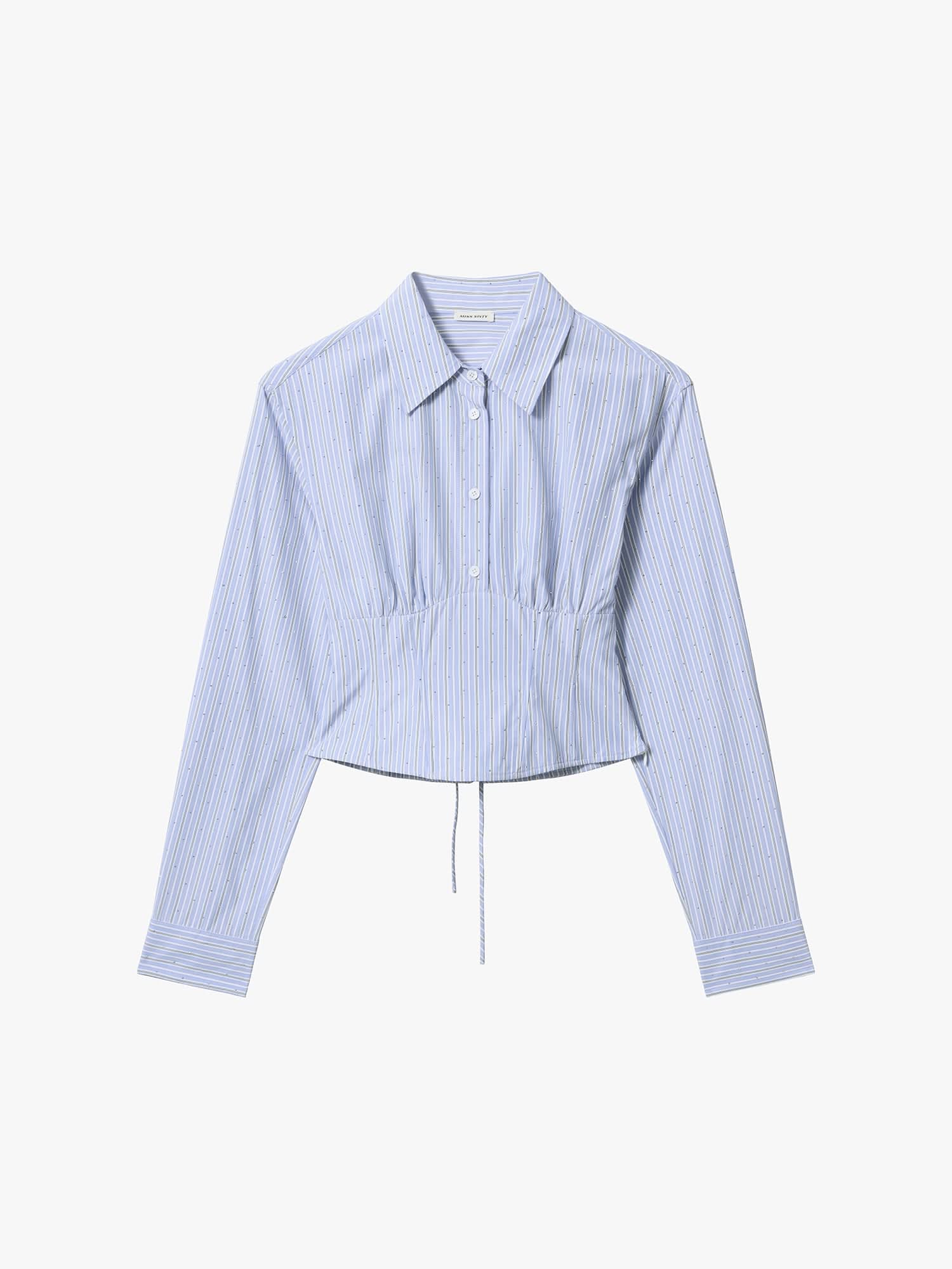 Rhinestone Lace-Up Striped Shirt - Image 5