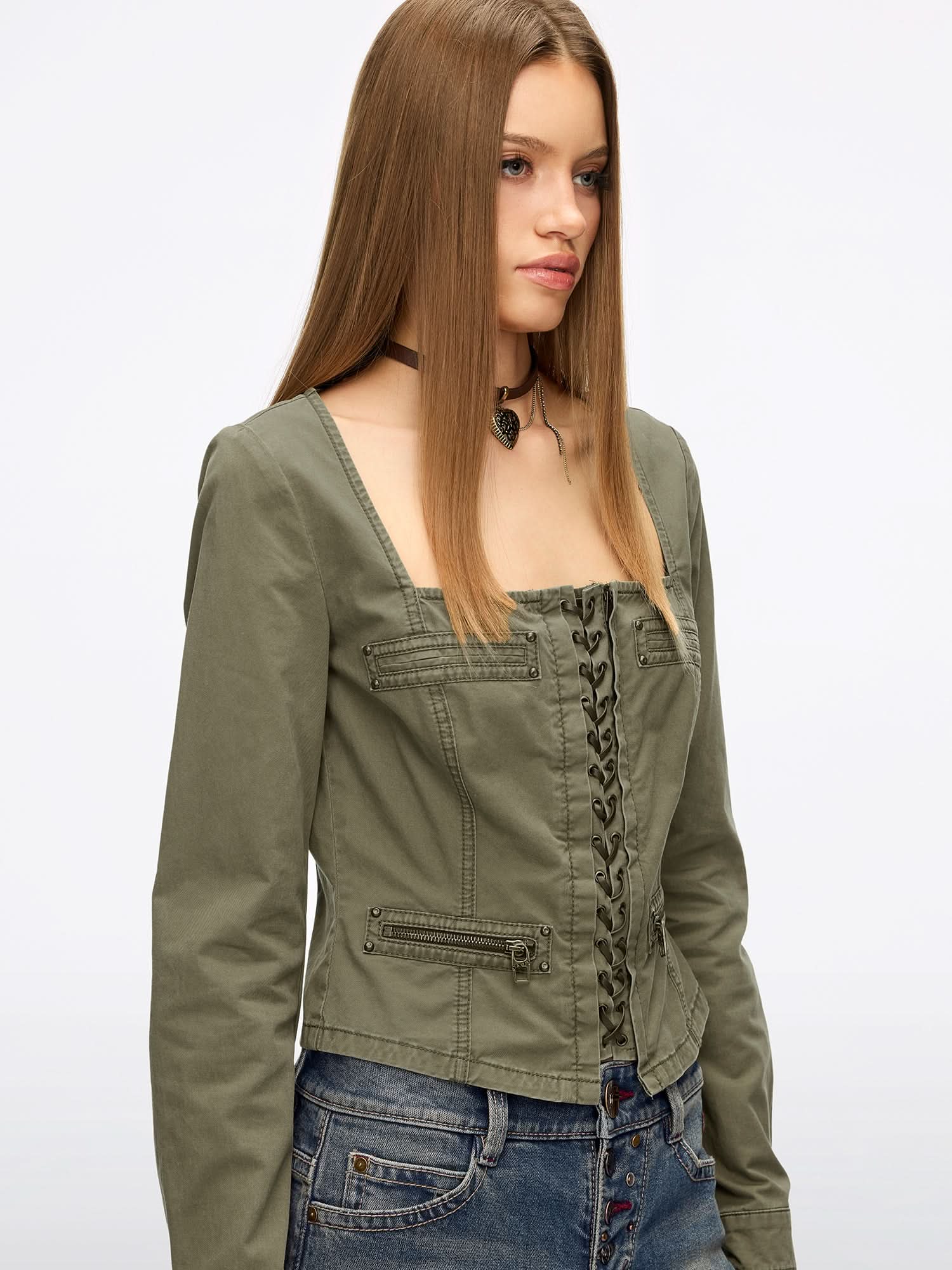 Studded Zipper Denim Shirt - Image 3