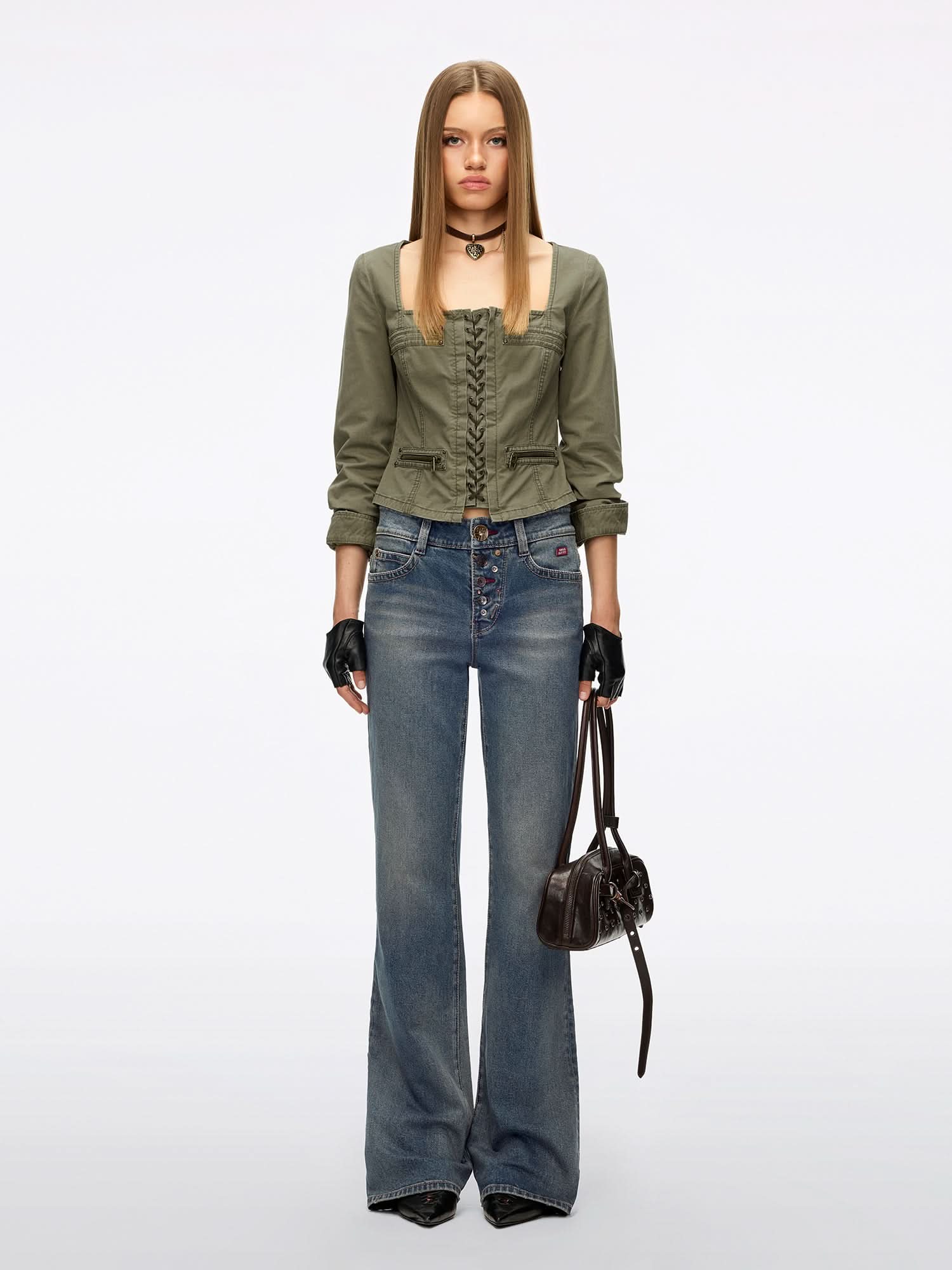 Studded Zipper Denim Shirt - Image 4